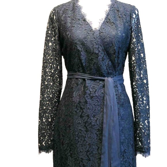 NWTS DVF SZ.2,JULIAN TWO LONG SLEEVE BLACK LACE WRAP DRESS - Picture 1 of 9
